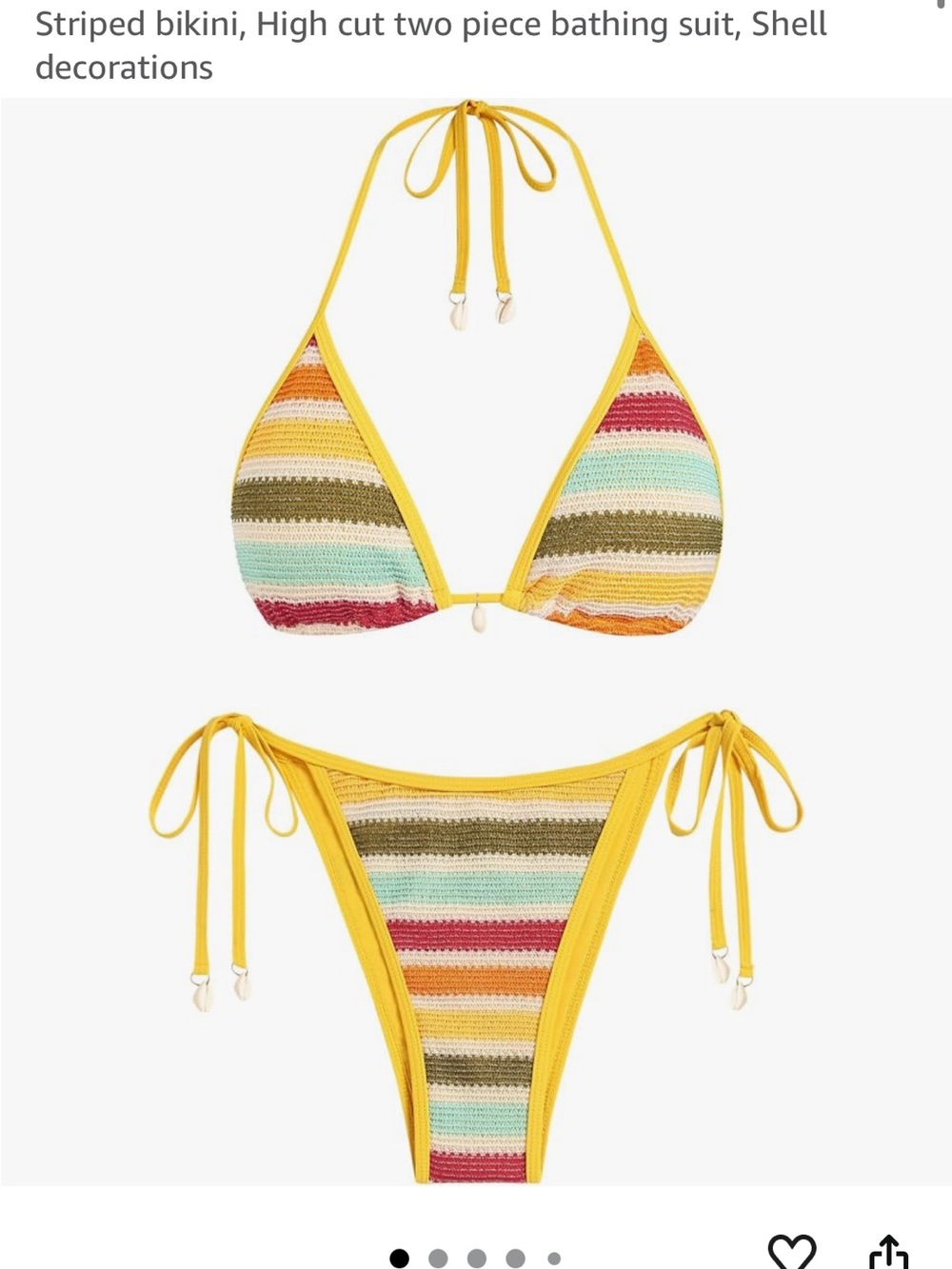 Zaful Yellow Trim Multicolor Striped Crochet Tie Bikini